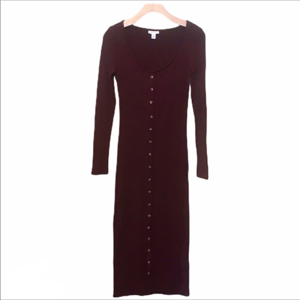 Topshop Ribbed Long Sleeve Knit Dress - Burgundy